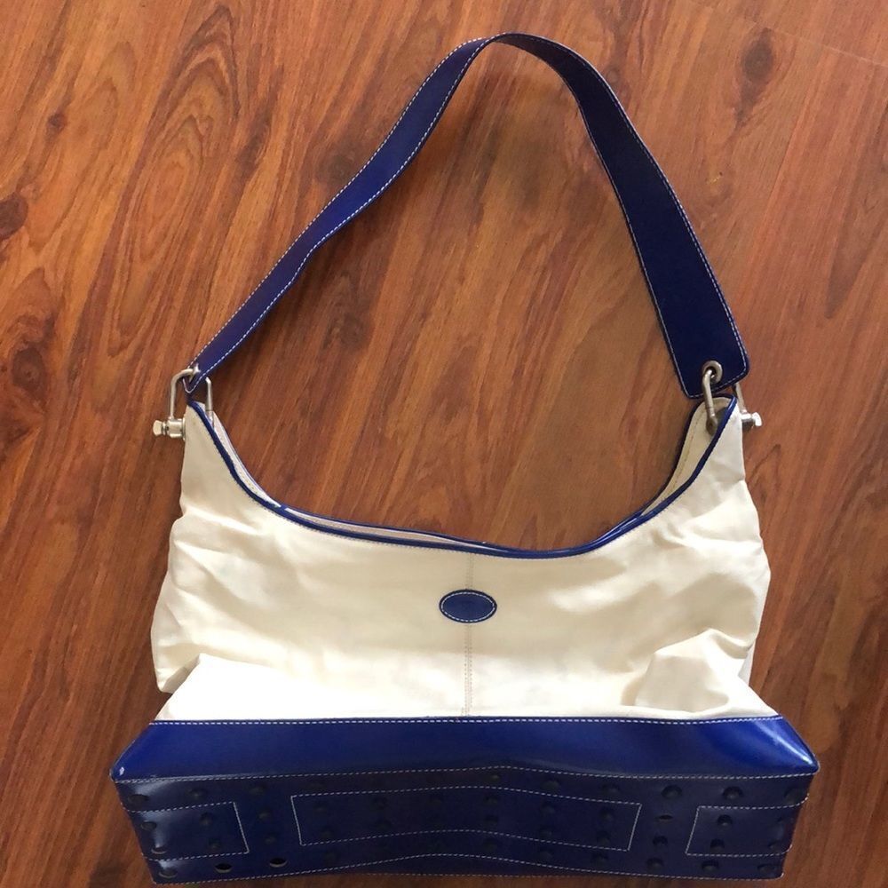 TOD’S Royal Blue and ivory handbag with leather trim.